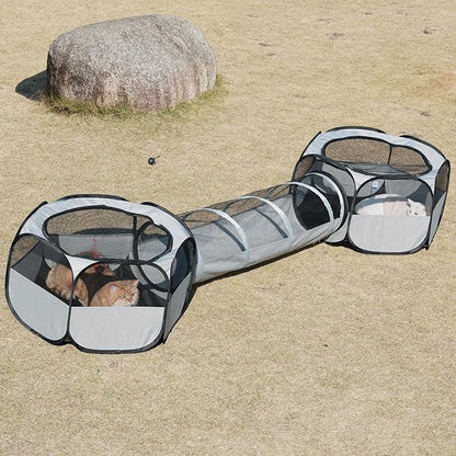 Outdoor Cat Enclosure,Cat Playground Tent for Outdoor and Indoor Playpen Portable Cat Tunnels, Foldable Cat Tubes Toys for Kitten, Puppy, Rabbit and Small Animals(2 Small Hexagonal Cubes+Tunnel)