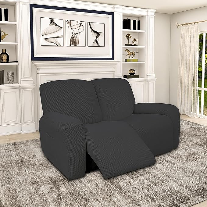 Easy-Going 100% Dual Waterproof Recliner Loveseat Cover, 6-Pieces Stretch Relining Sofa Cover with Pocket, Jacquard 2 Seat Sofa Slipcover Leakproof Washable (Loveseat, Dark Gray)