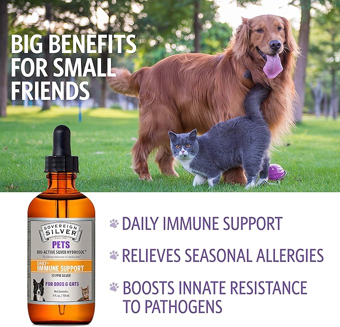 Sovereign Silver Pets Immune Support - Colloidal Silver, Bio-Active Silver Hydrosol, for Dogs and Cats 10 ppm, Liquid Dropper, 4 Fl Oz, (118 mL)