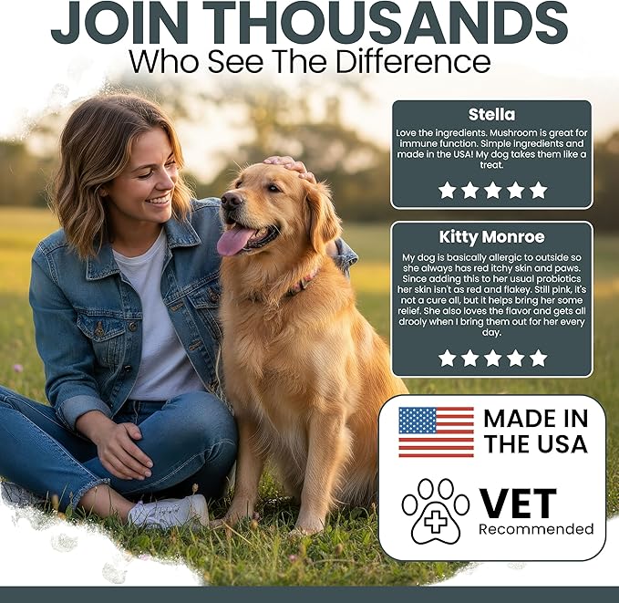 Immune Support Mushroom Complex, 90 Soft Chews - Mushroom Supplement for Dogs with Organic Turkey Tail, Shiitake, Reishi, Colostrum, and Fish Oil - Made in the USA