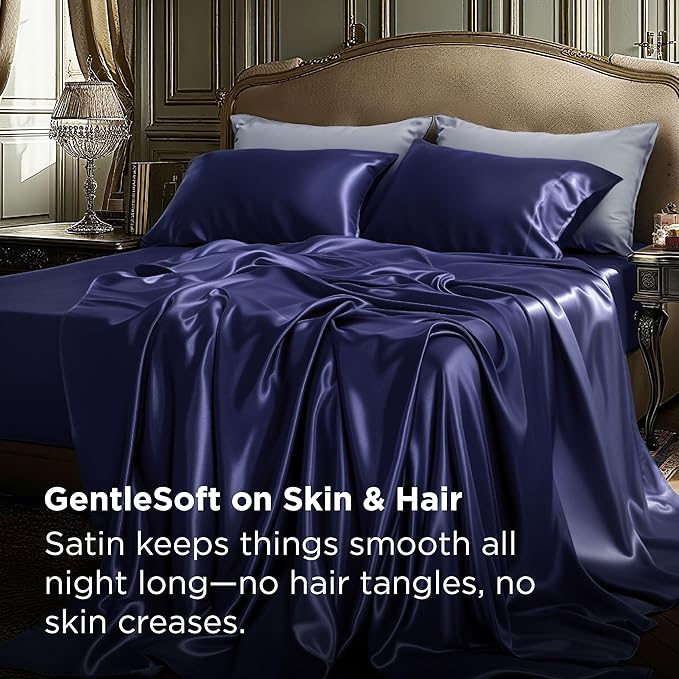 Bedsure Satin Sheets Queen Size - 4 Piece Silky Bedsheets with Elastic Corner Straps and 15 Inches Deep Pocket Fitted Bedsheet,1 Flat Sheet, 2 Satin Pillowcases, Good for Hair & Skin (Queen, Navy)