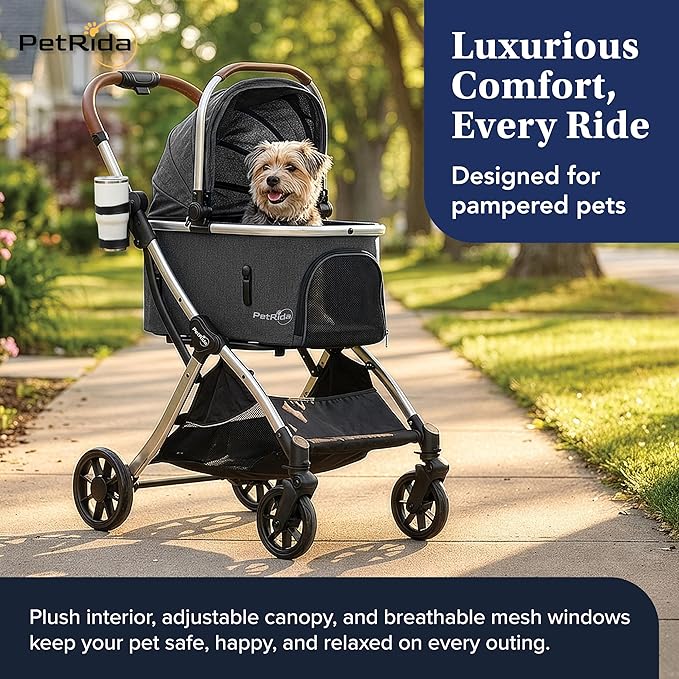 Luxury Pet Stroller with Detachable Carrier | Lightweight Design with Easy One-Hand Fold & Spacious Storage Basket | Safe & Comfortable Travel for a Small to Medium Dog or Cat, Gray