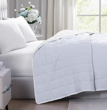 Casa Platino Quilted Blanket Twin XL Size - Pre Washed - Soft & Lightweight Bed Blanket - All Season Down Alternative Blankets - Ticking Stripe Blue, White