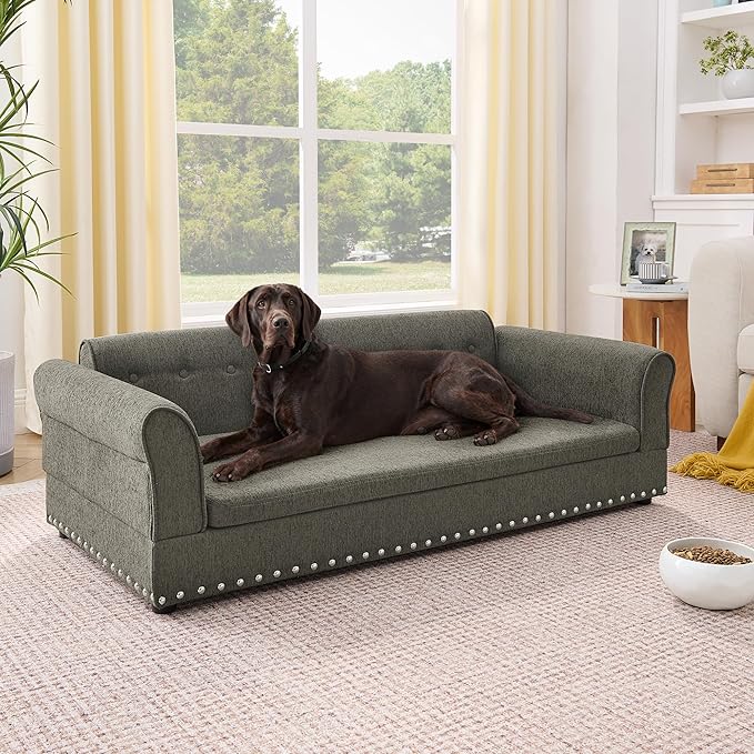 Elevated Dog Sofa for Medium to Large Dogs, Button Tufted Dog Couch Bed with Backrest and Armrests, Durable Memory Foam Pet Bed, Removable Cushion for Medium and Large Dogs, Dark Grey