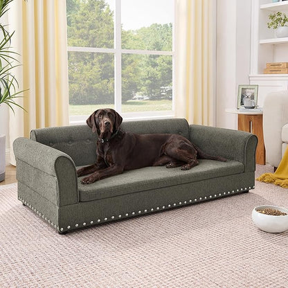 Elevated Dog Sofa for Medium to Large Dogs, Button Tufted Dog Couch Bed with Backrest and Armrests, Durable Memory Foam Pet Bed, Removable Cushion for Medium and Large Dogs, Dark Grey