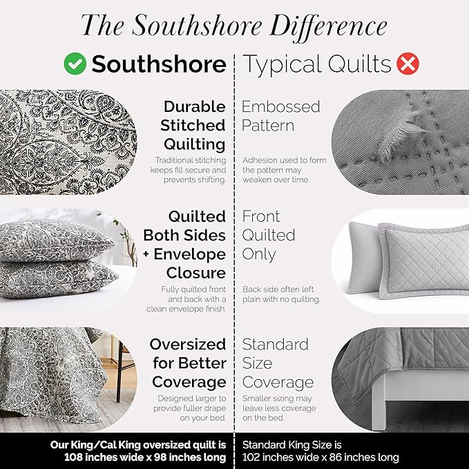 Southshore Fine Living, Inc. Ashanti Collection Oversized King Quilt Bedding Set, Soft Fabric, Lightweight Bedspread 3-Piece, Two Matching Shams (108 in Wide x 98 in Long), King/California Size, Grey