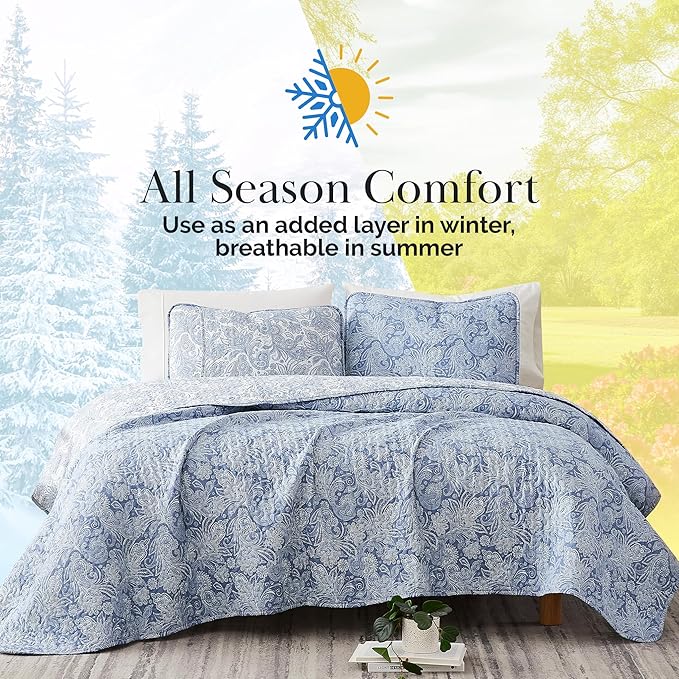 Southshore Fine Living, Inc. Twin XL Quilt Bedding Set, Dorm Bedding Essentials, 2-Sided Reversible, Stain Resistant, Machine Washable Paisley Bedspread, Twin XL Comforter w/Pillow Sham, Paisley Blue