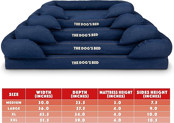 The Dog’s Bed Orthopedic Memory Foam Dog Bed with Bolsters for Medium Dogs, Waterproof Washable Cover, Anti-Slip Base, Calming Surface – CertiPUR-Certified Foam, Denim Fabric, Blue Denim, Medium