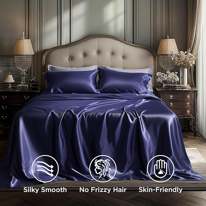Bedsure Satin Sheets King Size - 4 Piece Silky Bedsheets with Elastic Corner Straps and 15 Inches Deep Pocket Fitted Bedsheet,1 Flat Sheet, 2 Satin Pillowcases, Good for Hair & Skin (King, Navy)