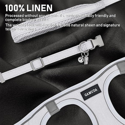 GAMUDA Small Pet Harness Collar and Leash Set, Step in No Chock No Pull Linen Fabric Soft Mesh Dog Vest Harnesses Reflective for Dogs Puppy Cats Kitten Rabbit (White, L)