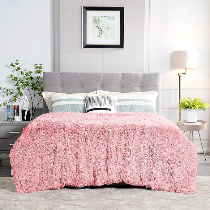 JONIYEAR Extra Large Decorative Fluffy Faux Fur Blanket Full Size 71" x 80", Soft Luxury Lightweight Furry Blankets, Accent Cozy Shaggy Plush Fuzzy Blankets for Bed, Thick Warm Winter Blanket, Pink