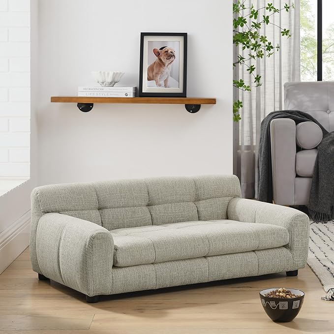 Dog Couch Bed with Backrest and Armrest, Durable Pet Sofa with Upholstered Foam Cushion, Elevated Dog Couch Bed with Legs for Medium Dogs, Dark Beige