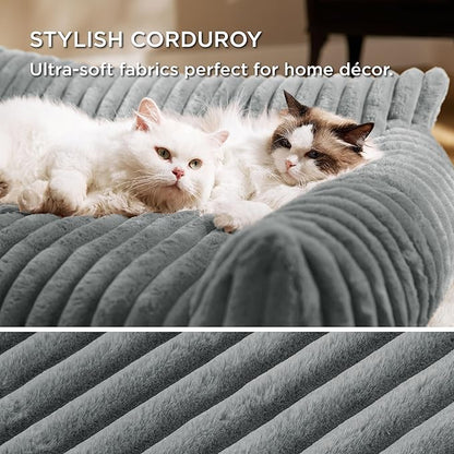 Bedsure ComfyFleece Cat Couch for Pets - Fluffy Cat Sofa with Premium Soft Corduroy Fleece, Fuzzy Pet Couch Bed with Removable Washable Cover, Supportive Pet Chair for Indoor Cats, 24inch, Warm Grey