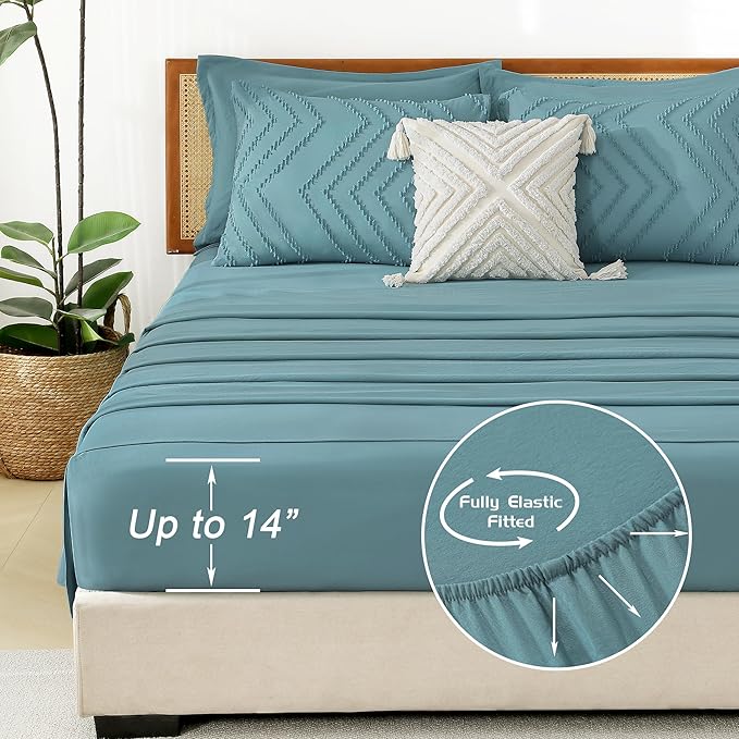 Litanika Grayish Teal King Size Comforter Set with Sheets - 7 Pieces Bed in a Bag King Boho Tufted Complete Bedding Sets with Comforter, Sheets, Pillowcases & Shams