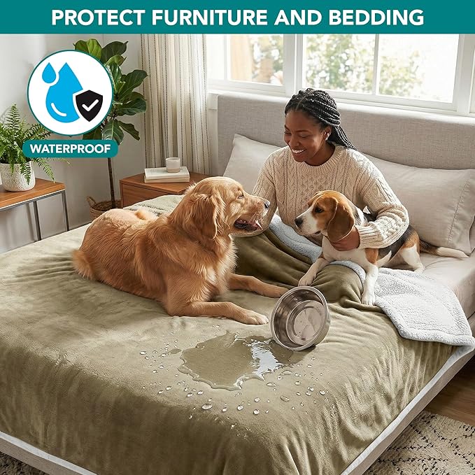 PetAmi Waterproof Dog Blanket for Medium Large XL Dog Puppy Cat Throw for Couch Cover Leakproof Protection, Sherpa Fleece, Reversible Soft Washable 80x60 Taupe