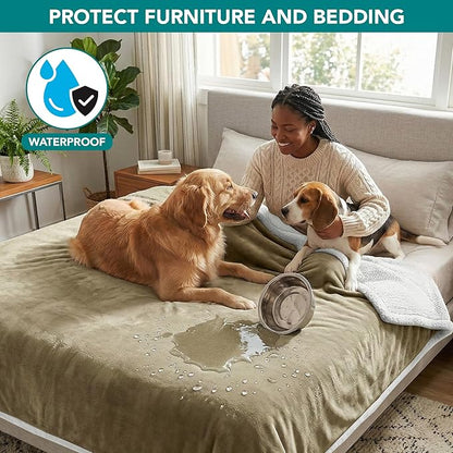 PetAmi Waterproof Dog Blanket for Medium Large XL Dog Puppy Cat Throw for Couch Cover Leakproof Protection, Sherpa Fleece, Reversible Soft Washable 80x60 Taupe