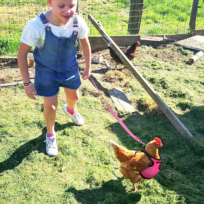 Adhafera Chicken Harness with Leash, Upgraded Double Adjustment Chicken Harness and Leash Set for Hens, Duck, Goose, Small Pet (Pink, L)
