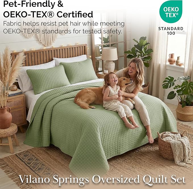 Southshore Fine Living, Inc. Twin XL Comforter Quilt Set, Dorm Room Bedding Essentials, Stain Resistant, Machine Washable Bed Spread, Twin XL Green Quilt Bedspread Set w/Pillow Sham, Sage Green