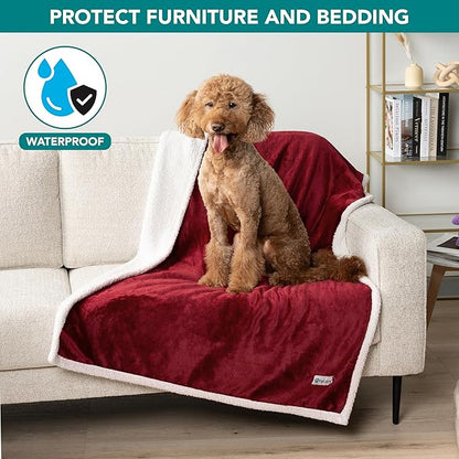 PetAmi Waterproof Dog Blanket for Medium Large Dog Puppy Cat Throw for Couch Cover Leakproof Protection, Sherpa Fleece, Reversible Soft Washable 60x40 Wine Red