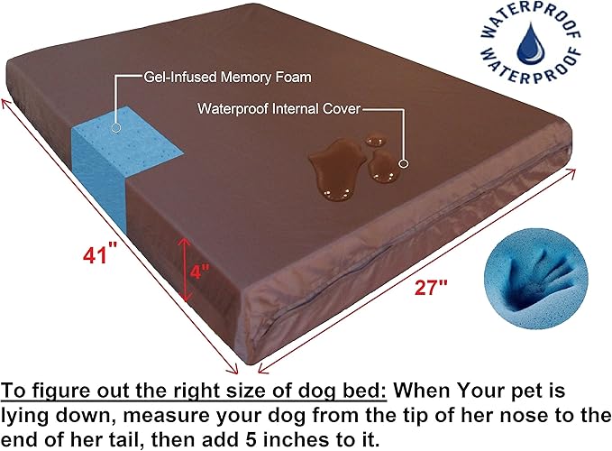 Dogbed4less Ultimate Memory Foam Dog Bed, Orthopedic Joint Relief for Small Medium to Extra Large Dogs with Waterproof Liner and Durable Machine Washable Pet Bed Cover, Denim Brown, 41x27x4 Inch