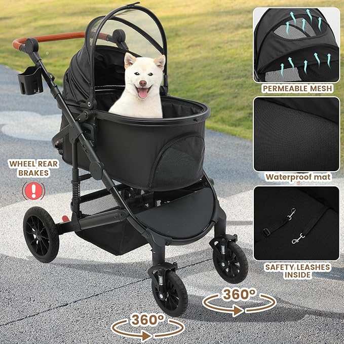 Bicystar Pet Stroller for Medium Dogs, Smooth-Ride Dog Stroller with Detachable Carrier, Rubber Wheels, Car Seat Combo 3-in-1, Up to 50 lbs, for Senior Dogs & Cats, Black
