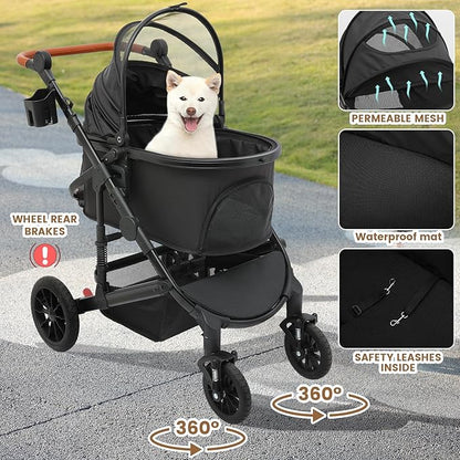 Bicystar Pet Stroller for Medium Dogs, Smooth-Ride Dog Stroller with Detachable Carrier, Rubber Wheels, Car Seat Combo 3-in-1, Up to 50 lbs, for Senior Dogs & Cats, Black