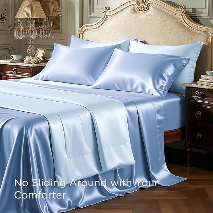 Bedsure Satin Sheets Full Size - 4 Piece Silky Bedsheets with Elastic Corner Straps and 15 Inches Deep Pocket Fitted Bedsheet,1 Flat Sheet, 2 Satin Pillowcases, Good for Hair & Skin (Full, Sky Blue)