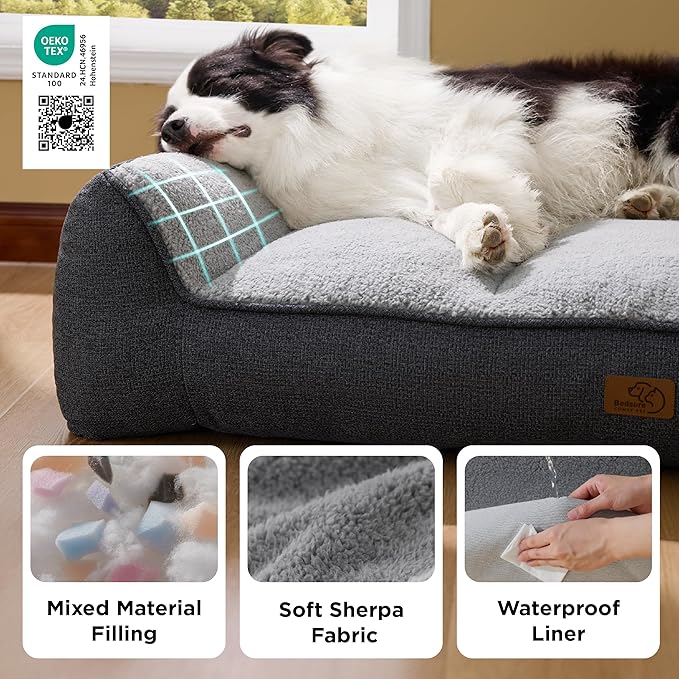 Bedsure SupportMax™ Orthopedic Dog Beds Large Sized Dog - As Seen on TV Extra Thick Supportive Large Dogs Bed with Waterproof Washable Cover, L Plus Comfort Pet Sofa with Soft Sherpa, Grey, 38"