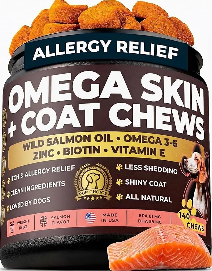 Omega 3 & 6 Dog Skin & Coat Chews – Wild Salmon Oil, Biotin, Zinc & Vitamin E – Supports Dry Itchy Skin, Shedding & Healthy Coat – PhD-Endorsed, Made in USA, 140 Chews, Salmon Flavor