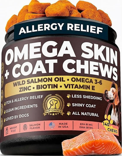 Omega 3 & 6 Dog Skin & Coat Chews – Wild Salmon Oil, Biotin, Zinc & Vitamin E – Supports Dry Itchy Skin, Shedding & Healthy Coat – PhD-Endorsed, Made in USA, 140 Chews, Salmon Flavor