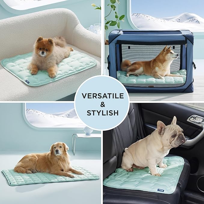 Bedsure Cooling Mat for Medium Dogs, Q-Max>0.5 Thin Breathable Cold Crate Pad for Pet, Portable Washable Kennel bed for Summer Active Dog With Chill Cool Soothing Fabric to Rapid Cooling, 29x21, Green