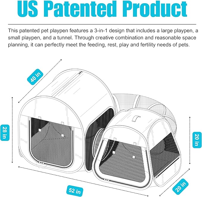 Portable Cat Playpen 2-Room with Tunnel, 3-in-1 Pop-up Cat Dog Crate Play Enclosure with Separate Areas, Foldable Pet Playpen for Puppy Kitten and Small Animals Indoor Outdoor Travel