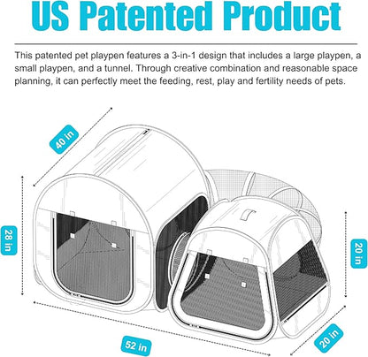 Portable Cat Playpen 2-Room with Tunnel, 3-in-1 Pop-up Cat Dog Crate Play Enclosure with Separate Areas, Foldable Pet Playpen for Puppy Kitten and Small Animals Indoor Outdoor Travel