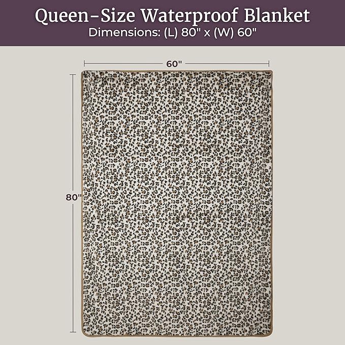 Waterproof Blanket for Bed, Couch, or Car - 60” x 80” Reversible Queen Size Throw Blanket for Reliable Leakproof Furniture Protection - Washable Pet Throws by Lavish Home (Leopard Print)