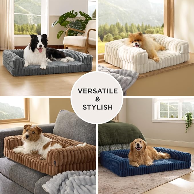 Bedsure ComfyFleece™ Orthopedic Dog Beds Large Sized Dog, Waterproof Memory Foam Pet Bed with Sides, Non-Slip Bottom and Egg-Crate Foam Large Pet Couch Sofa with Washable Corduroy Cover, Brown