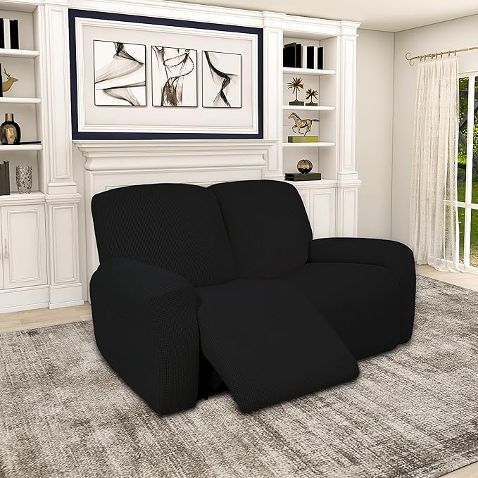 Easy-Going 100% Dual Waterproof Recliner Loveseat Cover, 6-Pieces Stretch Relining Sofa Cover with Pocket, Jacquard 2 Seat Sofa Slipcover Leakproof Washable (Loveseat, Black)
