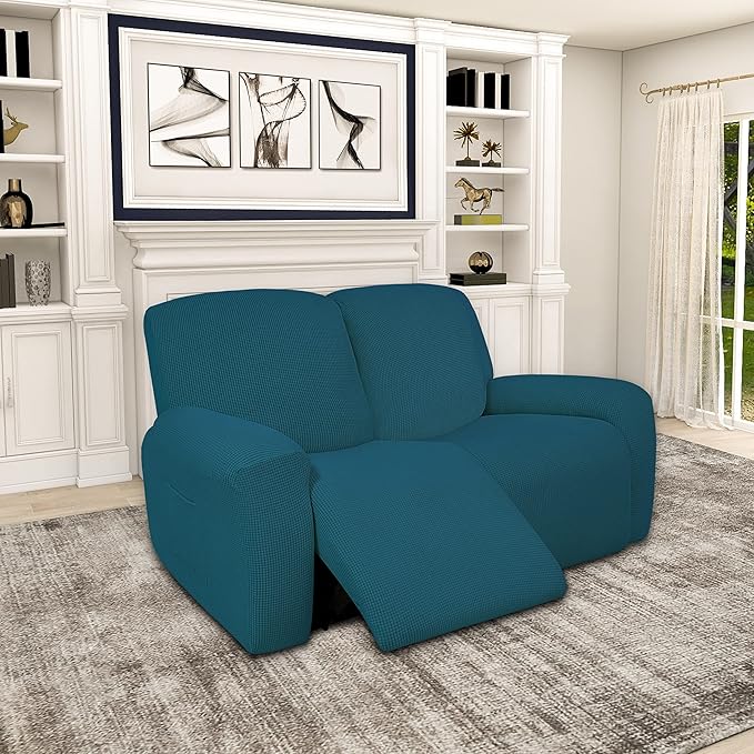Easy-Going 100% Dual Waterproof Recliner Loveseat Cover, 6-Pieces Stretch Relining Sofa Cover with Pocket, Jacquard 2 Seat Sofa Slipcover Leakproof Washable (Loveseat, Peacock Blue)