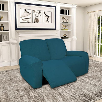 Easy-Going 100% Dual Waterproof Recliner Loveseat Cover, 6-Pieces Stretch Relining Sofa Cover with Pocket, Jacquard 2 Seat Sofa Slipcover Leakproof Washable (Loveseat, Peacock Blue)