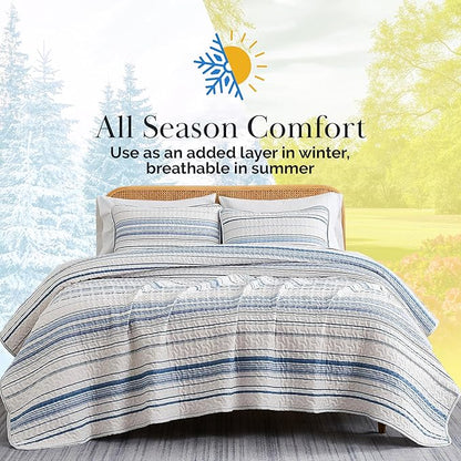 Southshore Fine Living, Inc. Oversized King Quilt Set, All Season Striped Blue Bedspread Set, 3-Piece Coastal Bedding, California/King Coverlet Sets with Shams, Soft Microfiber Quilt, Blue Stripes