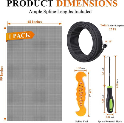 MAGZO Pet Proof Window&Door Screen Replacement Kit, 48" W x 99" L, Best Vinyl Coated Polyester Mesh Dog Cat Resistant Heavy Duty, 32FT Retainer Spline&Spline Removal Hook&Press-Fit Roller Tool, Black