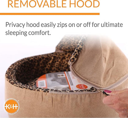 K&H Pet Products Thermo-Kitty Bed Deluxe Heated Cat Bed for Large Kitties - Indoor Heated Pet Bed for Dogs & Cats, Covered Cave Pet Tent, Machine Washable, Safety Listed - Large 20in Tan/Leopard