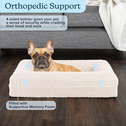 Orthopedic Dog Bed - 26in Small Dog Bed with Supportive Bolster, Nonslip Bottom, and Removable Washable Cover - Memory Foam Puppy Bed for Small Dogs and Cats - Dog Products by PETMAKER (Cream)
