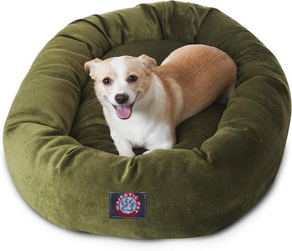 Majestic Pet 32 Inch Micro Velvet Calming Dog Bed Washable – Cozy Soft Round Dog Bed with Spine for Head Support - Fluffy Donut Puppy Mat 32x23x7 (inch) Medium – Fern (2025)