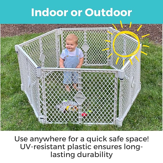 Toddleroo by North States - Superyard Baby Play Yard: Freestanding 6-Panel Baby Playpen - Indoor or Outdoor Use - Made in USA - Encloses Up to 18.5 Square Feet - 26 Inches Tall - Light Gray
