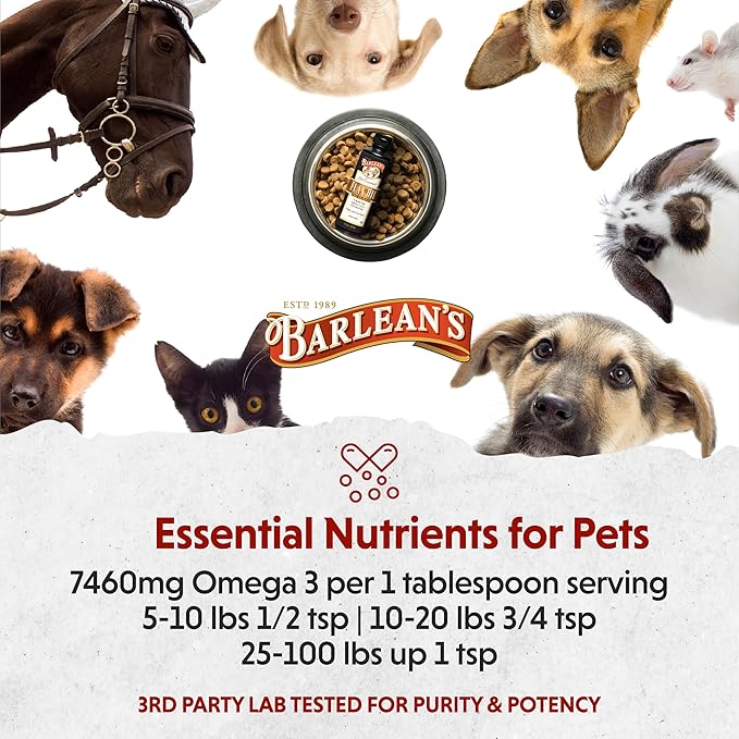 Barlean's Flaxseed Oil for Animals, Pet Essential Liquid Omega 3 Fatty Acids Cat and Dog Oil Supplements for Skin and Coat, Omega 3 for Dogs, Cats and Other Pets, 12 oz