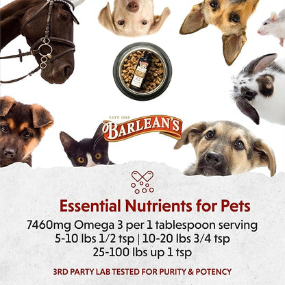 Barlean's Flaxseed Oil for Animals, Pet Essential Liquid Omega 3 Fatty Acids Cat and Dog Oil Supplements for Skin and Coat, Omega 3 for Dogs, Cats and Other Pets, 12 oz