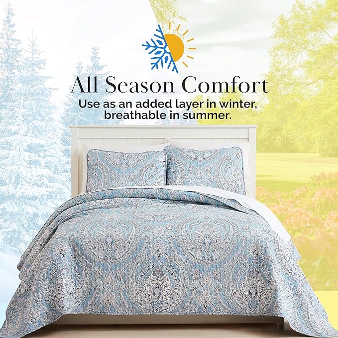 Southshore Fine Living, Inc. Twin XL Comforter Quilt Set, Dorm Bedding Essentials, Stain Resistant, Machine Washable Paisley Boho Bed Spread, Twin XL Quilt Bedspread Set w/Pillow Sham, Paisley Aqua