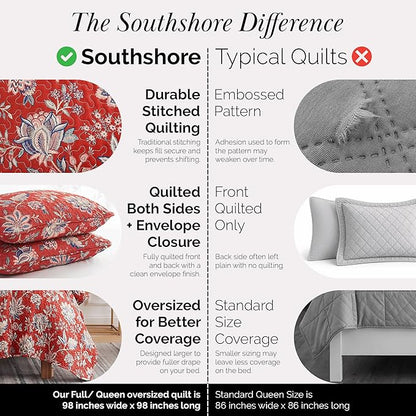 Southshore Fine Living, Inc. Oversized Full/Queen Quilt Bedding Set, Jacobean Willow Floral Quilt Set Queen or Full Size with 2 Matching Pillow Shams, Lightweight Bedspread, Soft and Cozy, Red