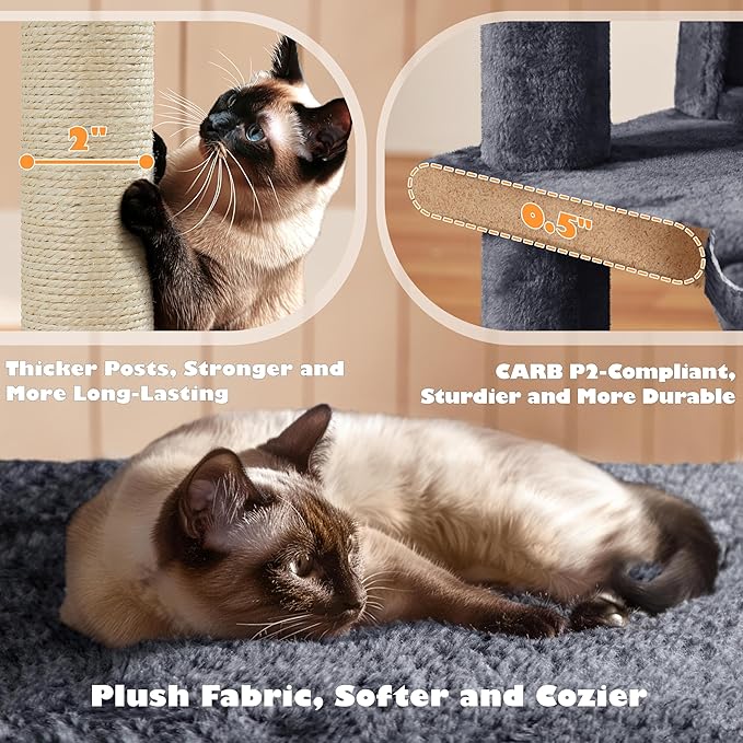 Yaheetech 54in Cat Tree, Multi-Level Cat Tower with Spacious Kitten-ear Perch, 2 Cozy Caves, Scratching Posts, Climbing Ladder, 2 Plush Balls, Durable Pet House Furniture for Indoor Kittens, Dark Gray