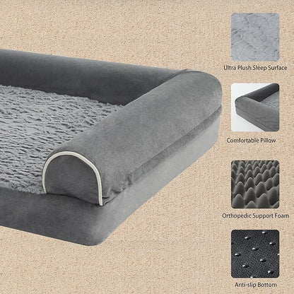 Orthopedic Dog Bed for Large Dogs - Egg Foam Sofa Bed with Waterproof Lining, Removable Washable Cover, Non-Skid Bottom - L 36x27x6.5Inch, Grey